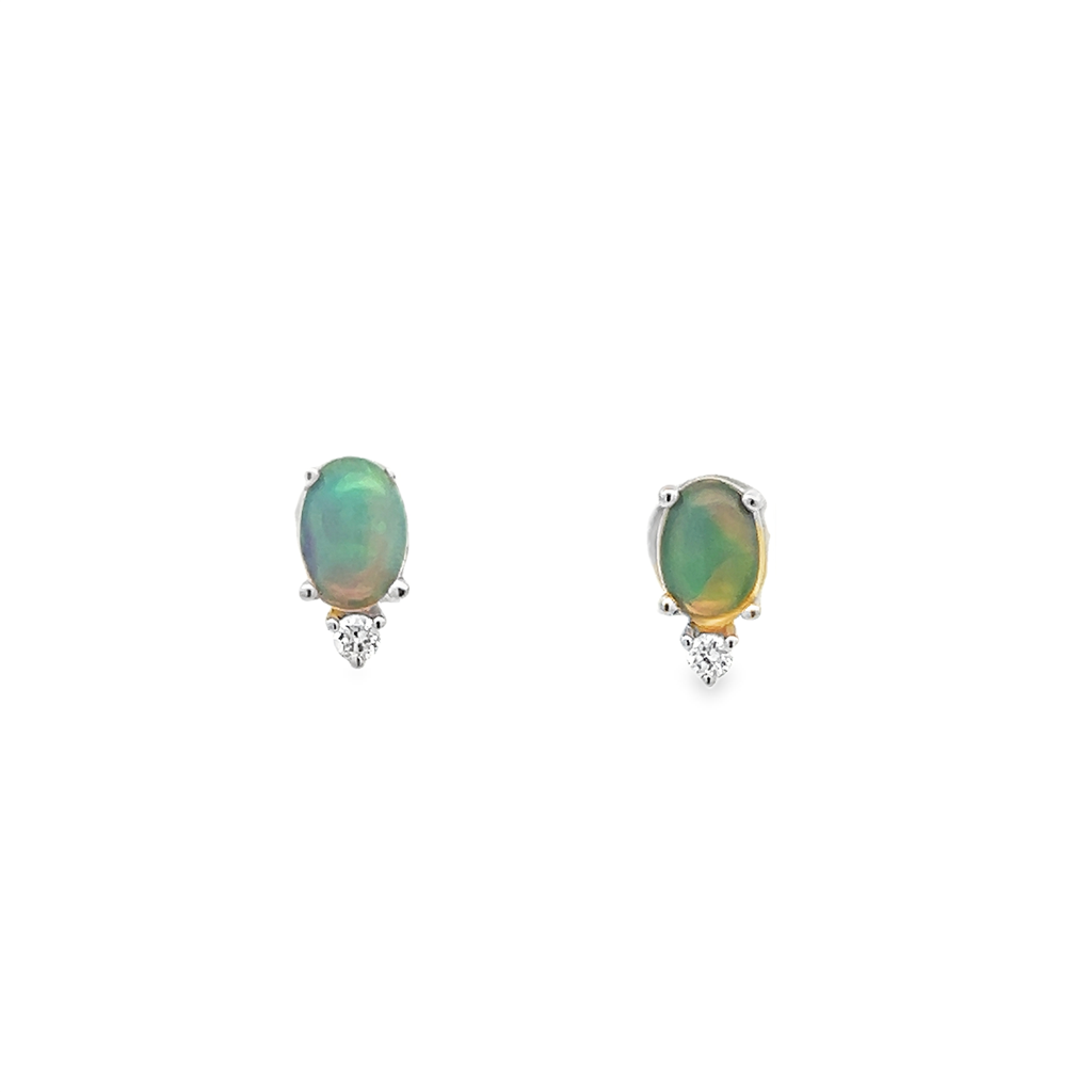 14K White Gold Oval Opal & Diamond Earrings – 7x5mm Opals, 0.08ctw. Diamonds