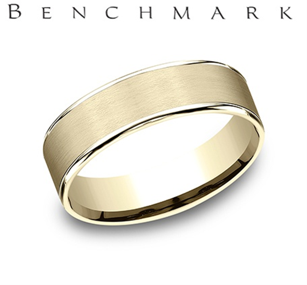 Benchmark 14K Yellow Gold Men’s Comfort Fit Wedding Band with Satin Center – 6.5mm
