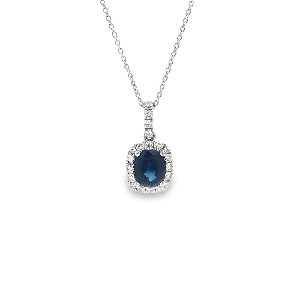 18K White Gold Oval Blue Sapphire & Diamond Halo Pendant – 0.13ctw Diamonds