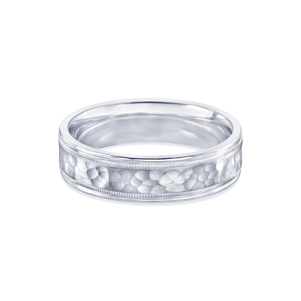 18K White Gold Men’s Wedding Band with Hammered Center – 6mm