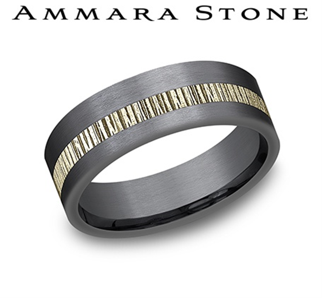 Benchmark Ammara Stone Collection 14K Yellow Gold & Tantalum Men’s Black and Yellow Micro Bark Stripe Band – 7mm
