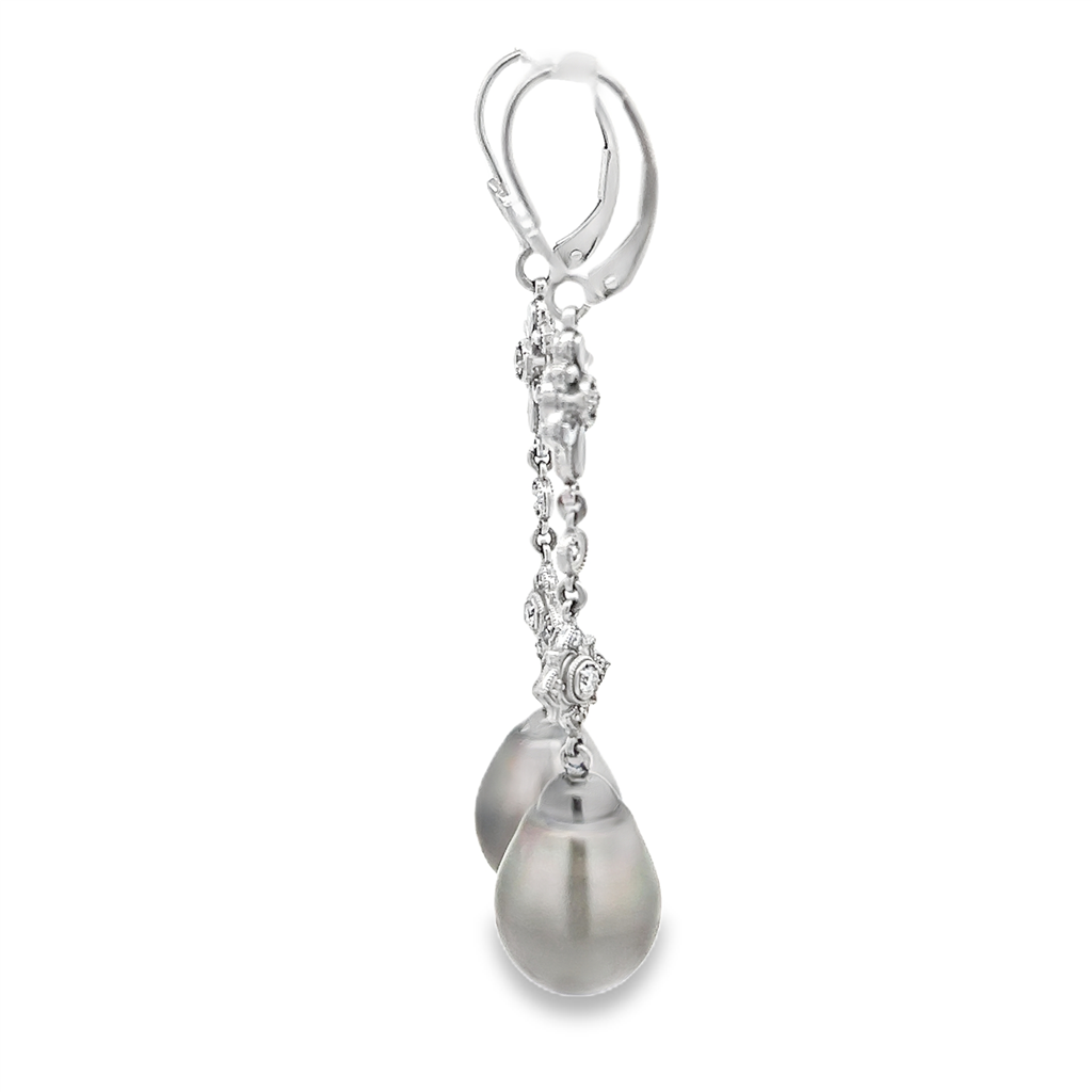 11.3mm Tahitian Pearl Dangle Earrings with 0.23ctw Round Brilliant Diamonds