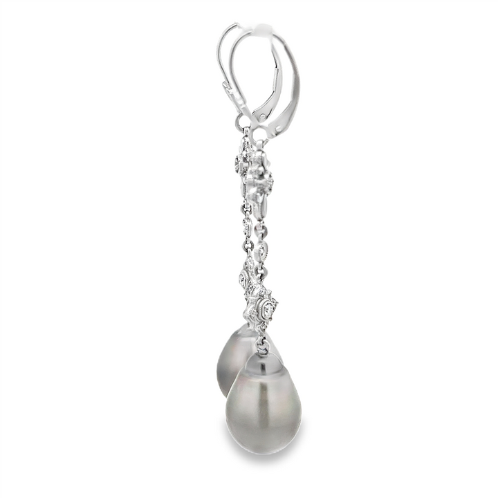 11.3mm Tahitian Pearl Dangle Earrings with 0.23ctw Round Brilliant Diamonds