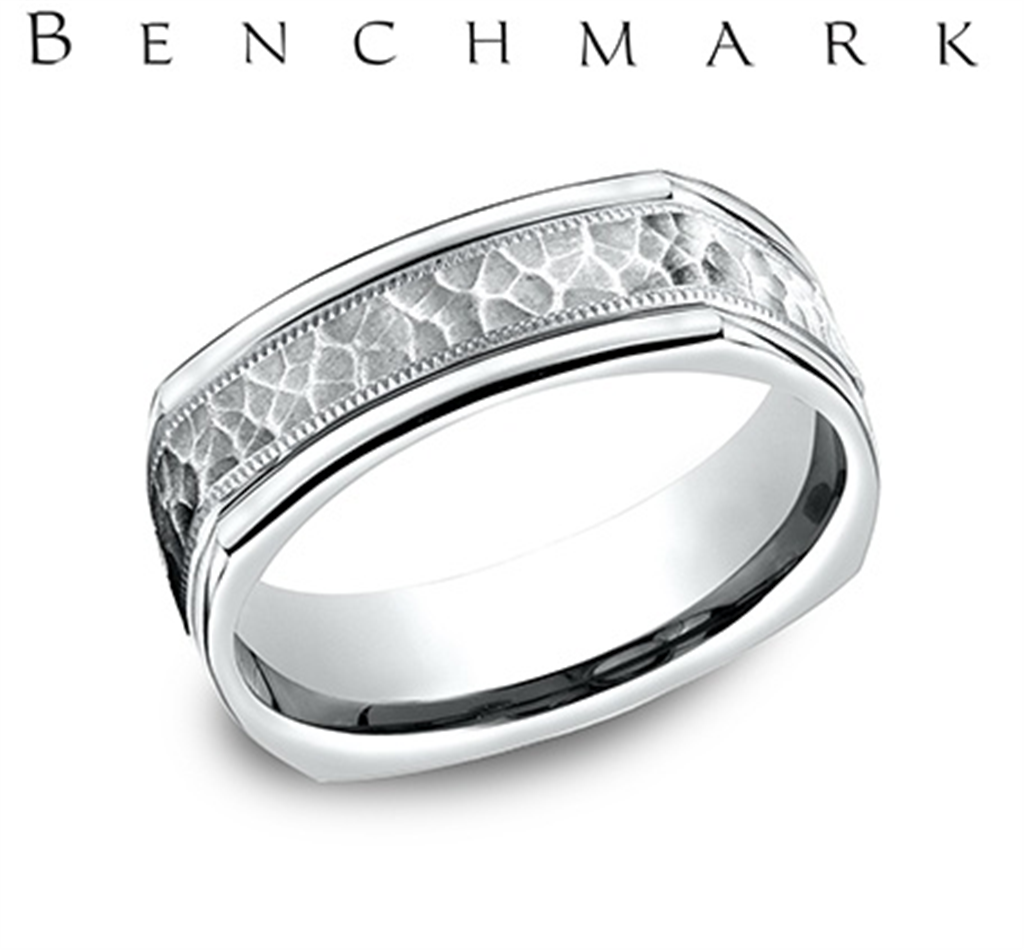 Benchmark 14K White Gold Men’s Hammered/Milgrain Comfort Fit Wedding Band – 7mm