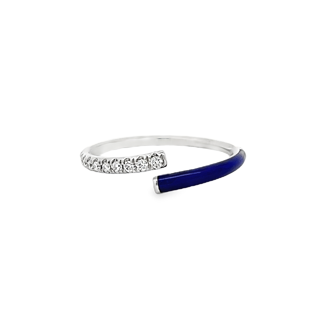 18K White Gold Blue Enamel Bypass Ring – 0.14ctw.