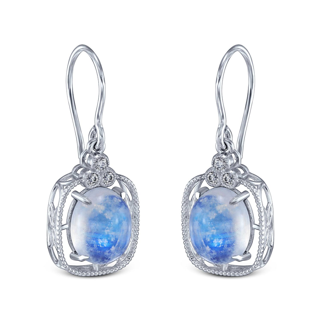 14K White Gold Oval Cabochon Moonstone and Diamond Earrings – 8.78ctw