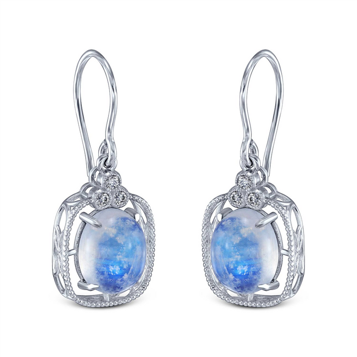14K White Gold Oval Cabochon Moonstone and Diamond Earrings – 8.78ctw