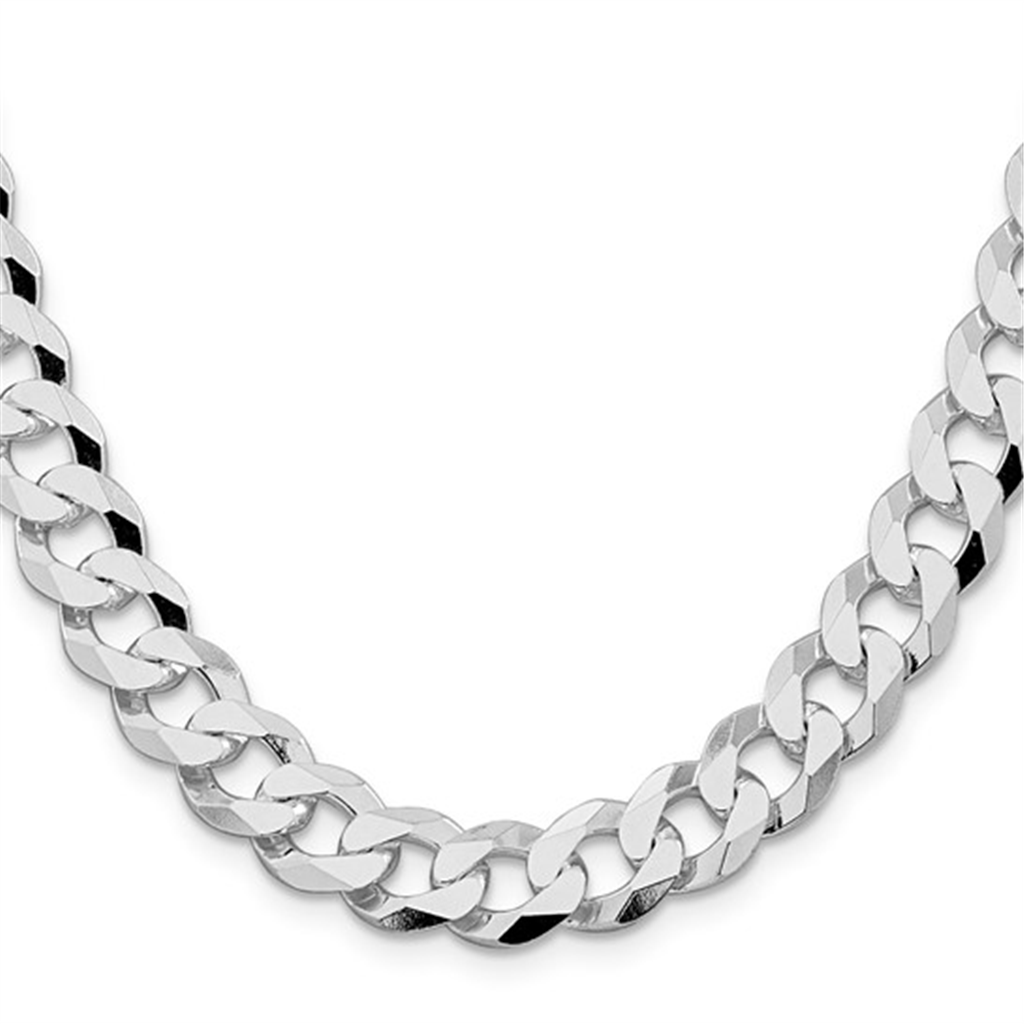 Sterling Silver Rhodium-Plated Polished Beveled Curb Chain 10.6mm Wide 26"