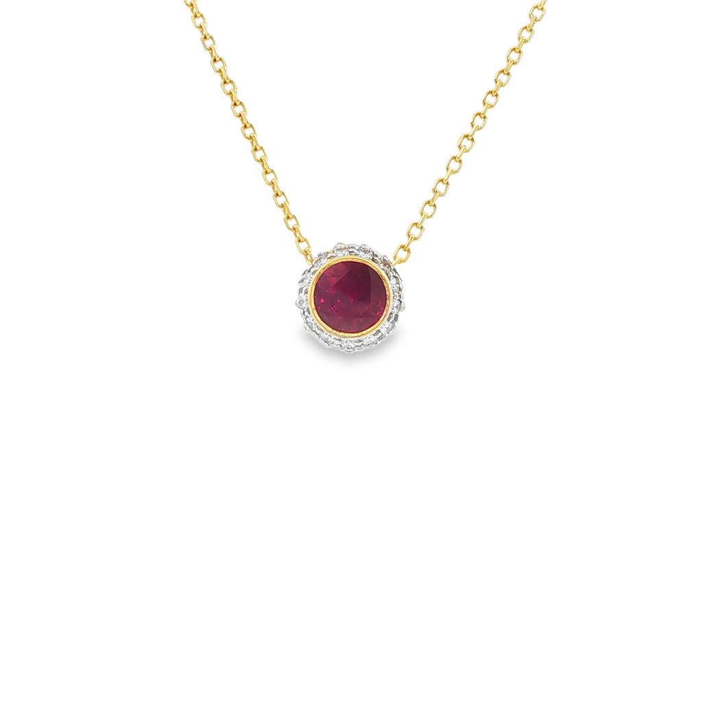 Platinum & 18K Yellow Gold Burmese Ruby Slider Pendant with Natural Diamonds on 14K Chain – Estate, 18"