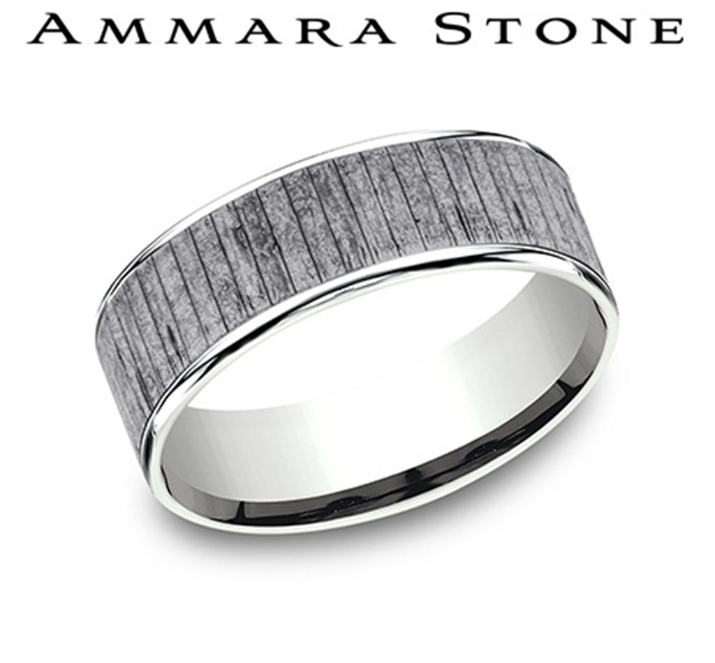 Benchmark Ammara Stone Collection 14K White Gold & Titanium Men’s Straight Edge Band with Gray Faux Wood Center – 7.5mm