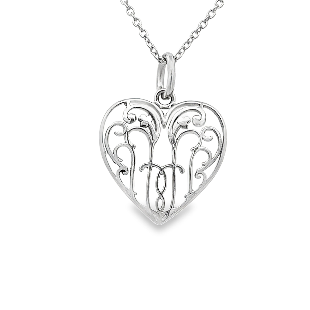 Platinum Filigree Heart Pendant with 18" Chain