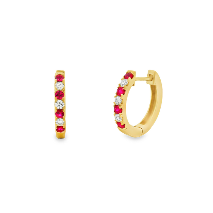 14K Yellow Gold Natural Ruby and Diamond Hoop Earrings – 0.51ctw.