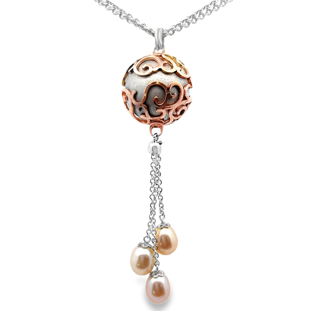 14K White & Rose Gold Pearl Drop Necklace with Double Chain