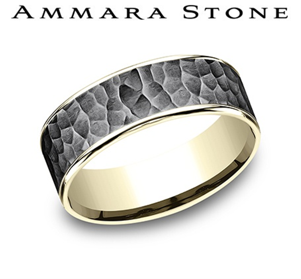 Benchmark Ammara Stone Collection 14K Yellow Gold & Tantalum Men’s Thin Edge Band with Hammered Center – 7.5mm