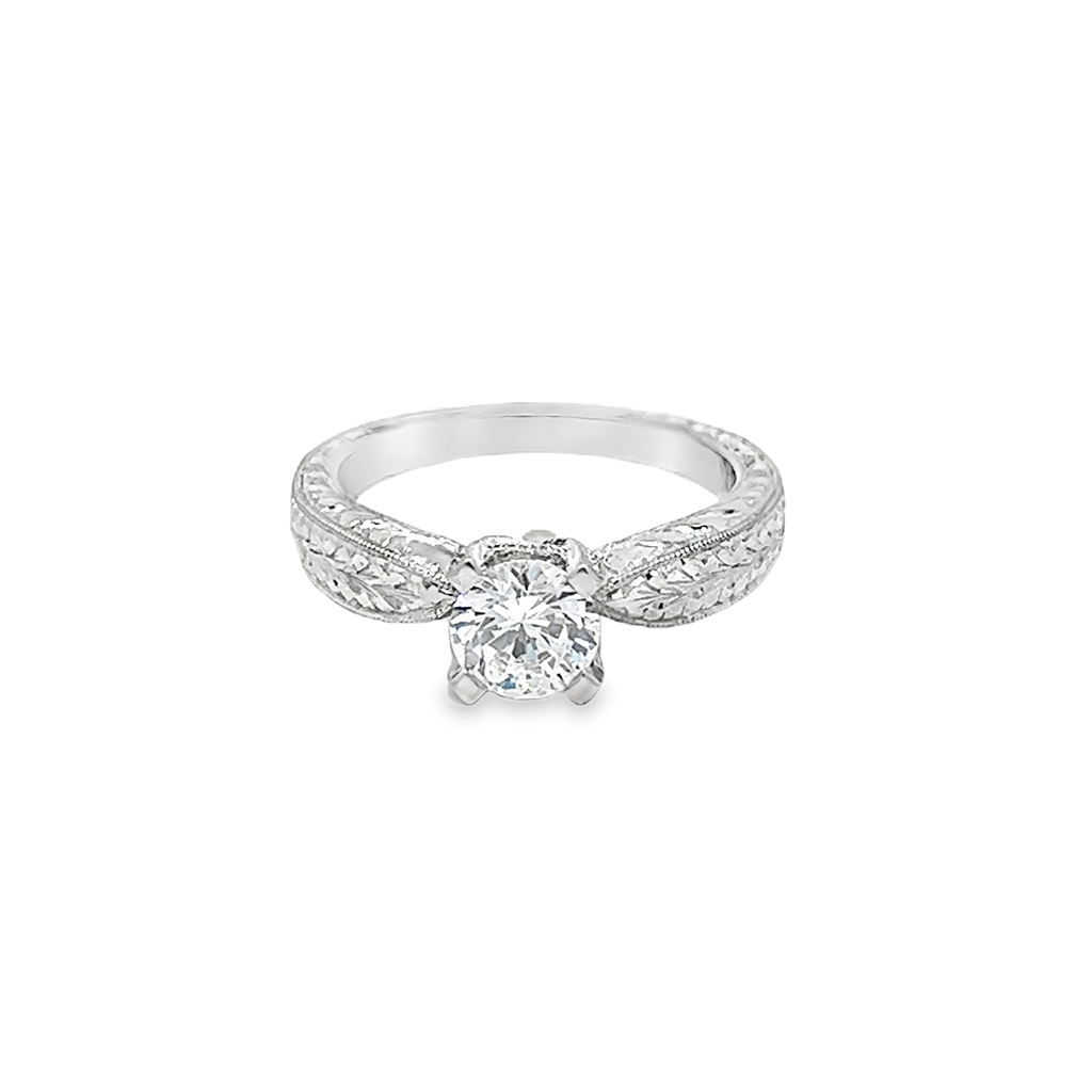 14K White Gold Hand-Engraved Solitaire Semi-Mount Ring – 0.13ctw