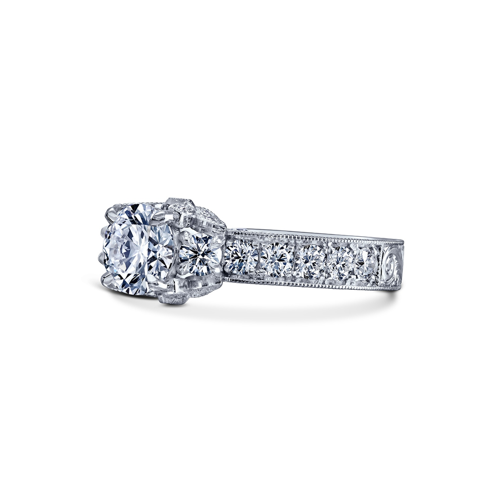 18K White Gold Hand-Engraved Diamond Semi-Mount Engagement Ring – 1.20ctw.