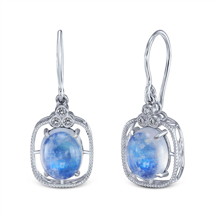 14K White Gold Oval Cabochon Moonstone and Diamond Earrings – 8.78ctw