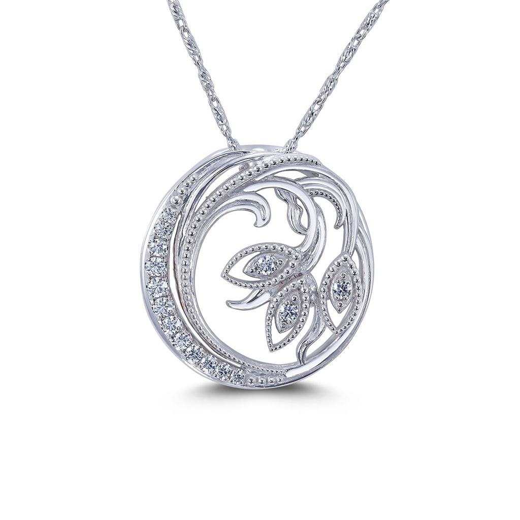 14K White Gold Small Flower Filigree Pendant With Diamonds - 0.19ctw.