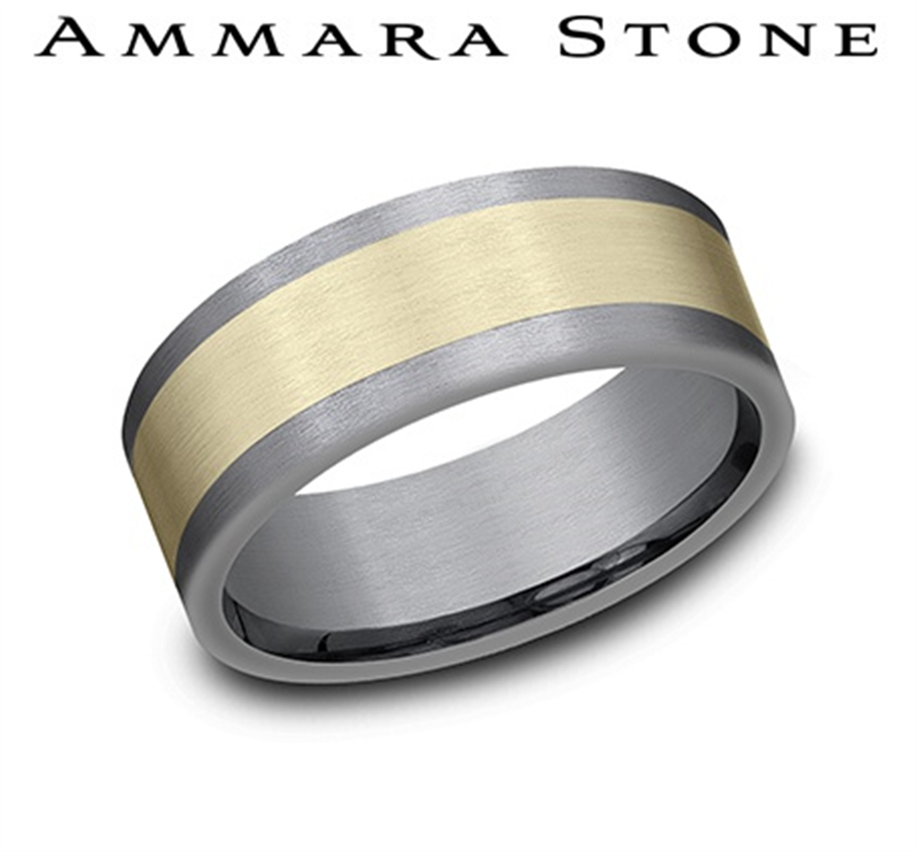 Benchmark Ammara Stone Collection 14K Yellow Gold & Tantalum Men’s Straight Edge Band with Satin Black Center – 8mm