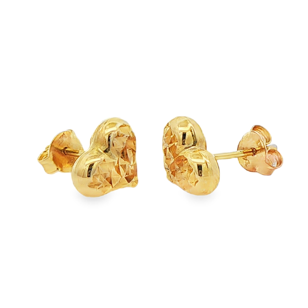 14K Yellow Gold Diamond-Cut Heart Stud Earrings – 1.7g