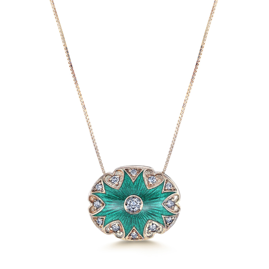 14K Yellow Gold Pendant With Diamonds & Green Enamel - 0.25ctw.