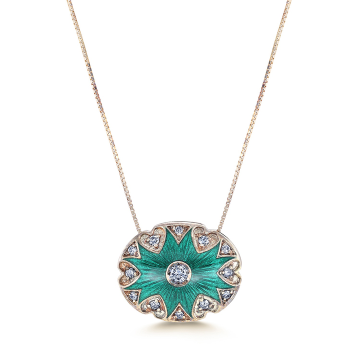 14K Yellow Gold Pendant With Diamonds & Green Enamel - 0.25ctw.
