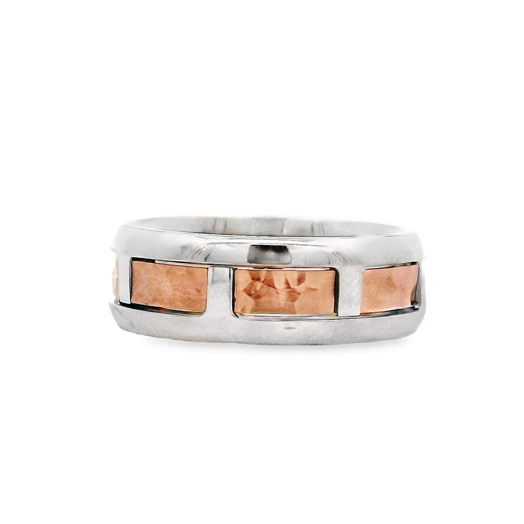 14K White and Rose Gold Hammered Center Men’s Band – 7.7mm