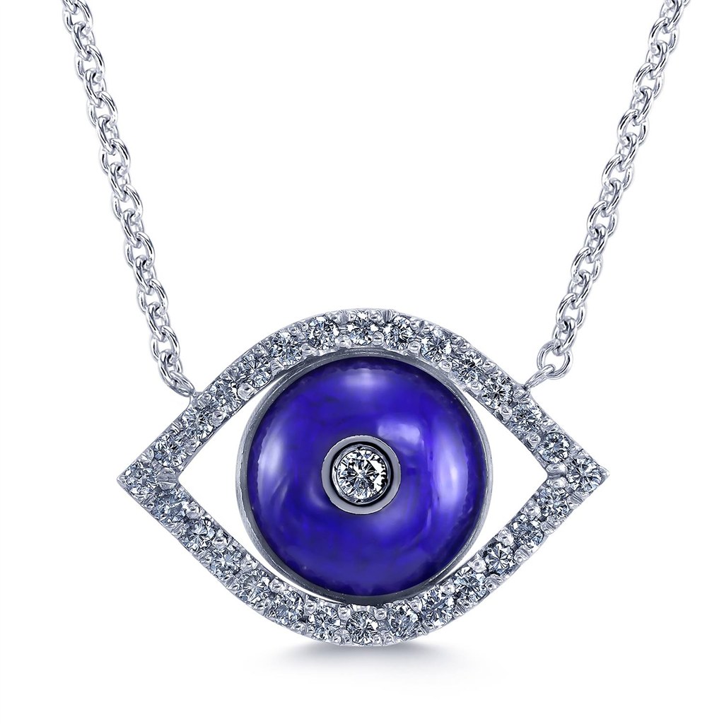 18K White Gold Evil Eye Blue Enamle & Diamond Necklace 0.30ctw.