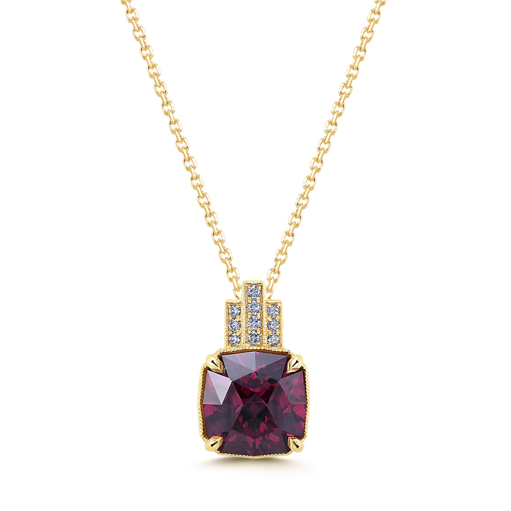 14K Yellow Gold Garnet Pendant with Diamonds – 4.90ct Cushion Rhodolite Garnet & 0.09ct Diamonds