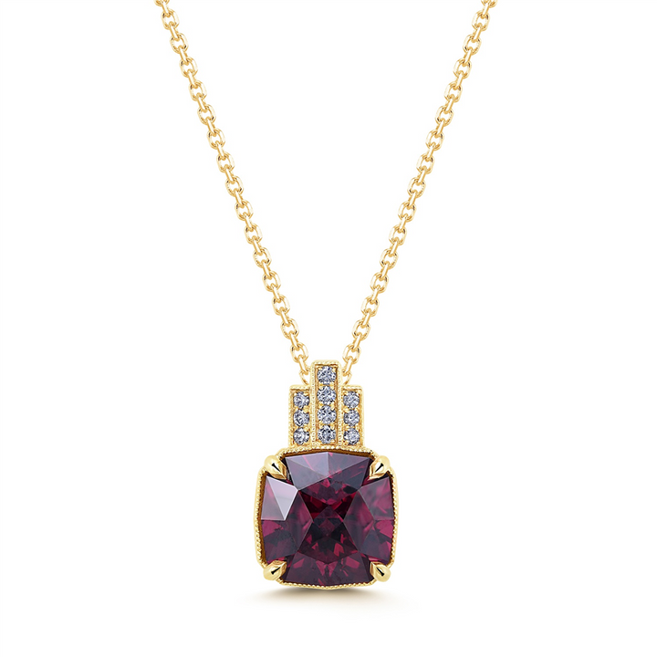 14K Yellow Gold Garnet Pendant with Diamonds – 4.90ct Cushion Rhodolite Garnet & 0.09ct Diamonds