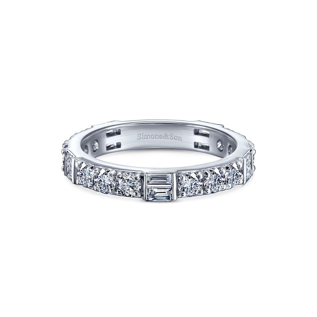 14K White Gold Baguette and Round LAB Diamond Wedding Band 1.27ctw.