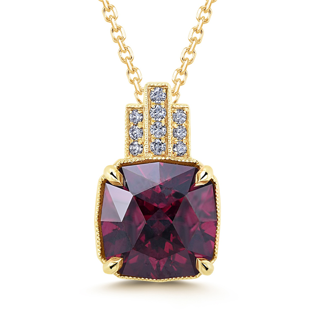 14K Yellow Gold Garnet Pendant with Diamonds – 4.90ct Cushion Rhodolite Garnet & 0.09ct Diamonds