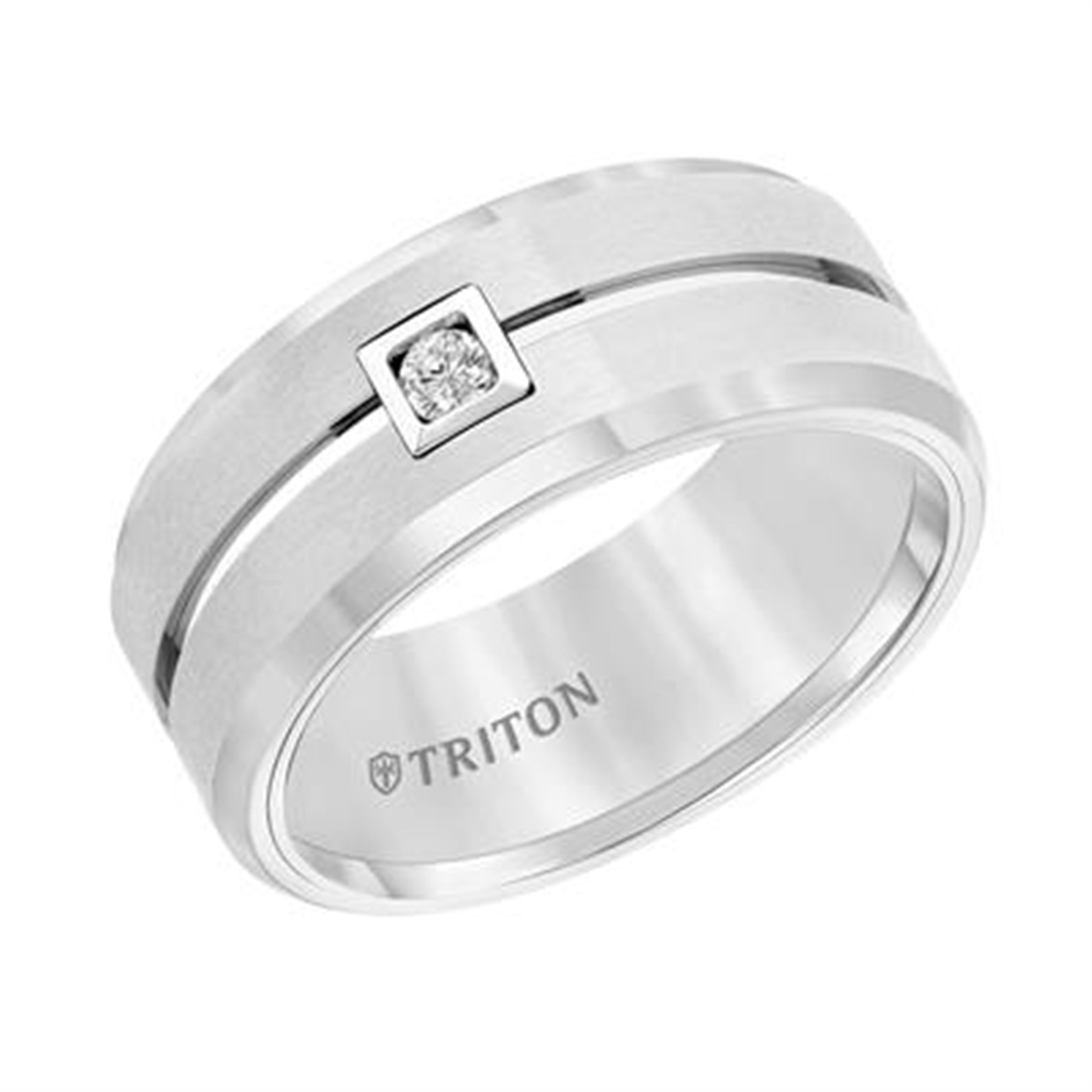 White Tungsten Carbide Flat Comfort Fit Band with Horizontal Brush Finish, Bright Polished Recessed Center Groove, Bevel Edge, and Single Round Diamond in Square Bezel – 9mm