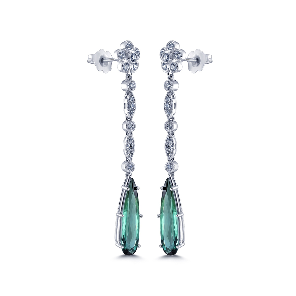 18K White Gold Dangling Tourmaline & Diamond Earrings