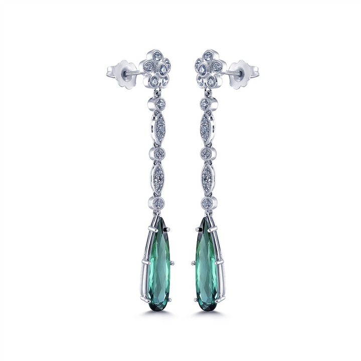 18K White Gold Dangling Tourmaline & Diamond Earrings