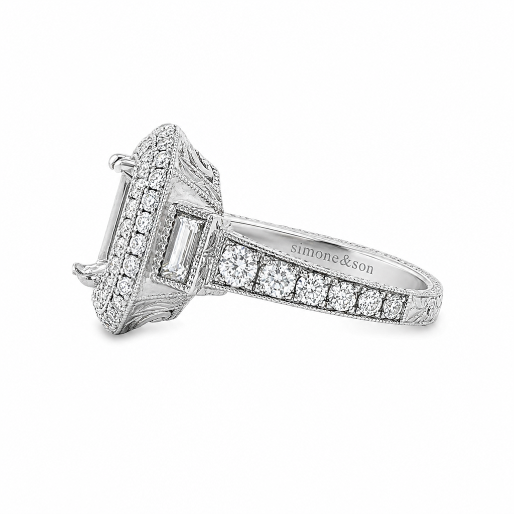 18K White Gold Natural Round & Baguette Diamond Semi-Mount Engagement Ring