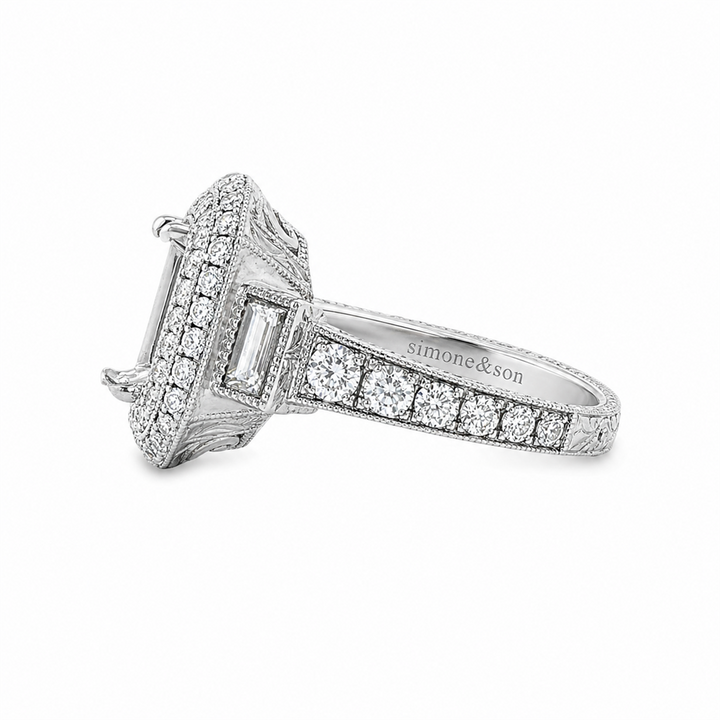 18K White Gold Natural Round & Baguette Diamond Semi-Mount Engagement Ring