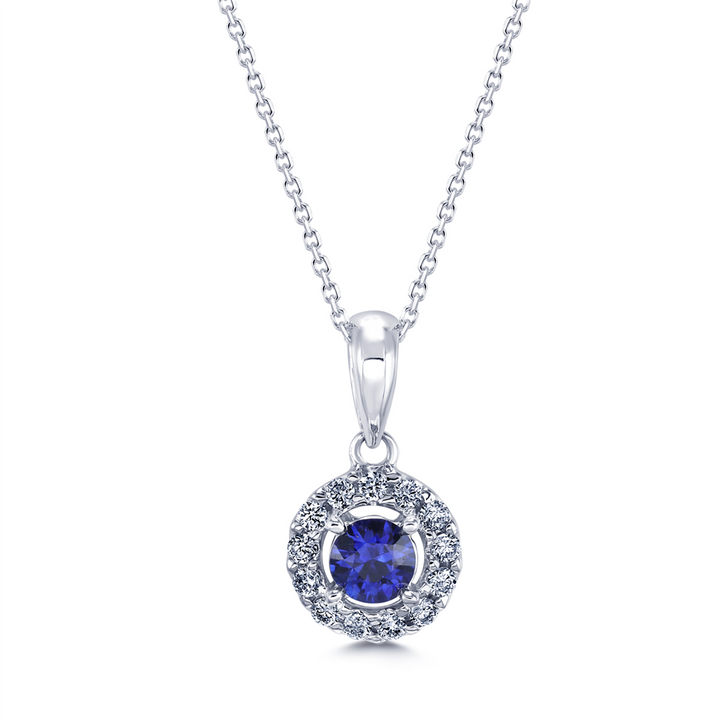 14K White Gold Sapphire & Diamond Halo Pendant 0.22ct/0.12ctw.