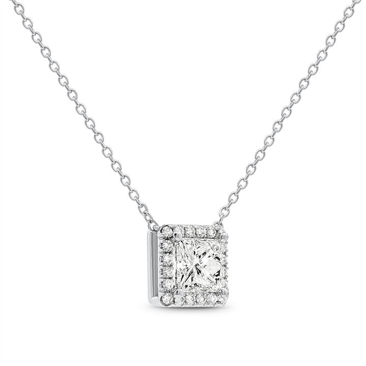 14K White Gold Princess Cut Diamond Halo Pendant Necklace – 1.15ct