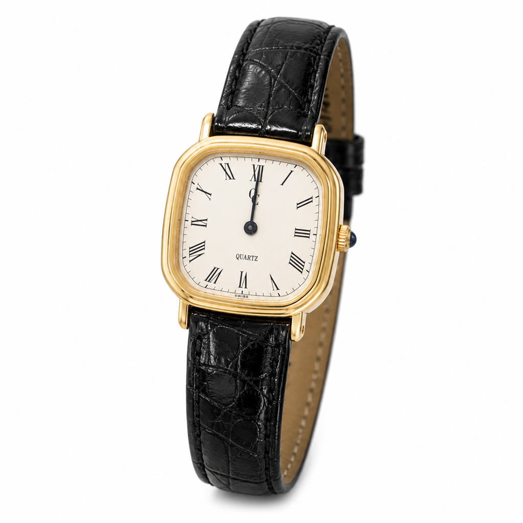 Concord 27mm Yellow Gold Quartz Watch White Roman Dial on Black Leather Strap with Box