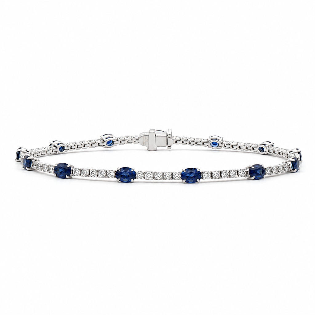 14K White Gold Natural Diamond & Royal Blue Sapphire Tennis Bracelet