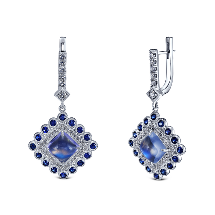 14K White Gold Blue Moonstone Sapphire & Diamond Earrings