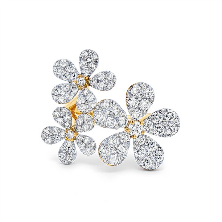 18K Yellow Gold Three Flower Natural Diamond Ring – 1.66ctw