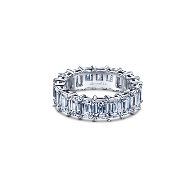 14K White Gold Laboratory Grown Emerald Cut Diamond Eternity Band 7.5ctw.