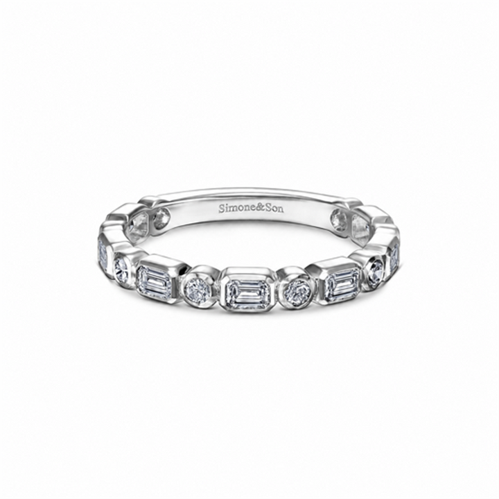 14K White Gold Smooth Bezel Round and Emerald Cut LAB Diamond 2/3 Wedding Band 0.79ctw.