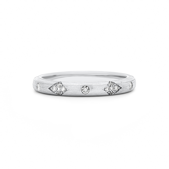 14K White Gold Round Lab Grown Diamond Star Wedding Band with Brushed Finish