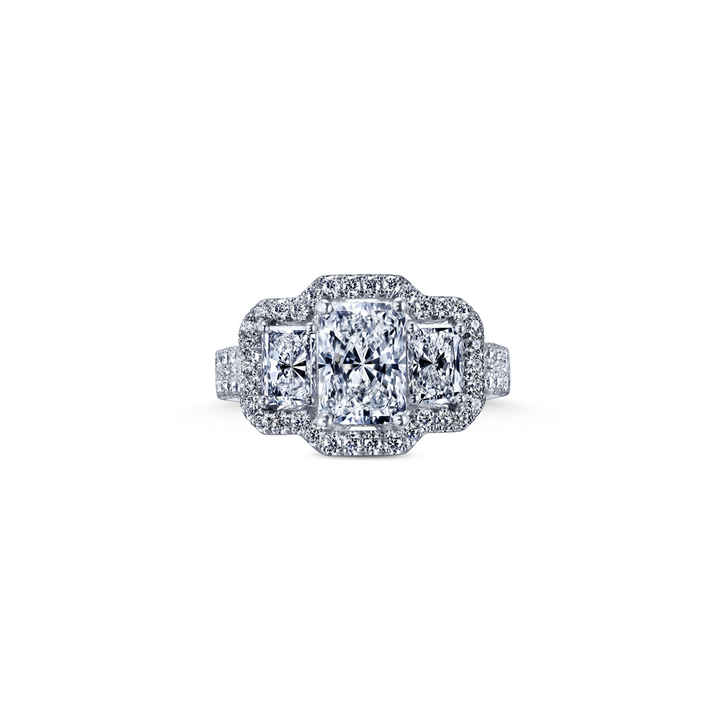 18K White Gold – Radiant Cut, 3 Stone Halo Diamond Engagement Ring Setting