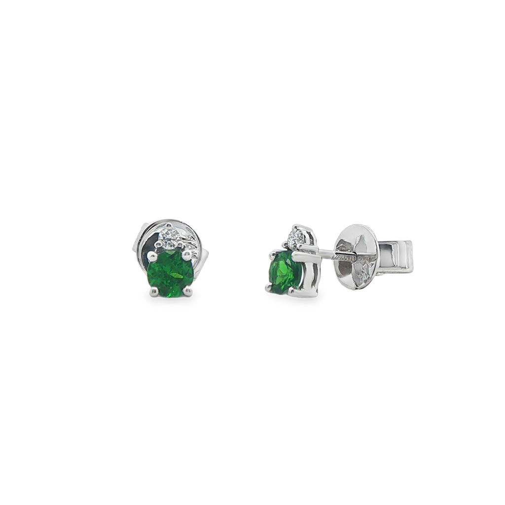 14K White Gold Two-Stone Stud Earrings – Diamonds 0.06ctw. & Tsavorite Garnets 0.50ctw.
