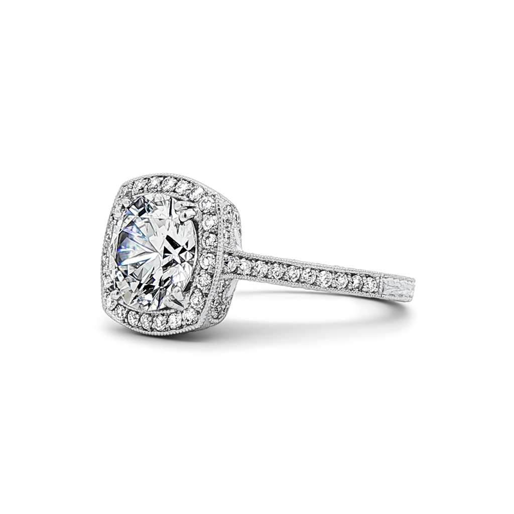 18K White Gold Hand-Engraved Cushion Halo Natural Diamond Semi-Mount Engagement Ring
