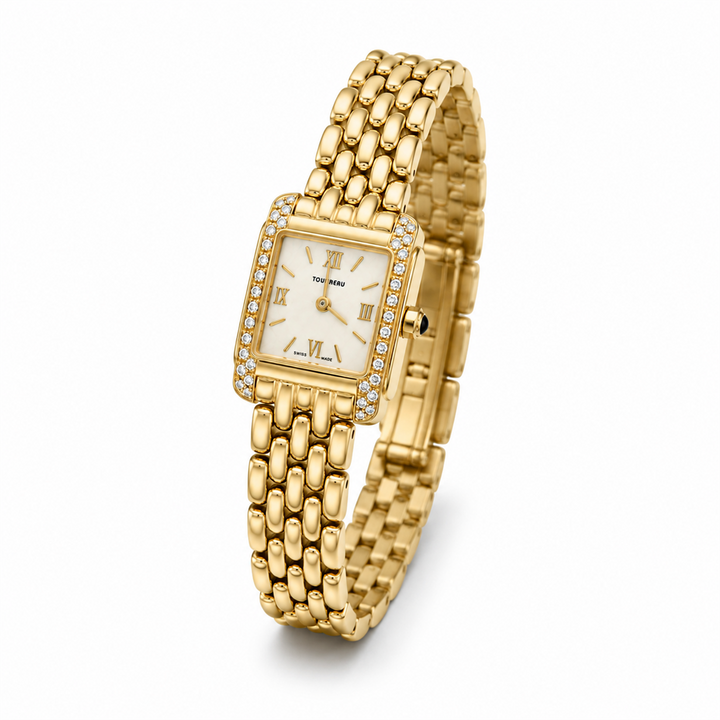 Ladies 18K Yellow Gold Tourneau Watch with Mother-of-Pearl Dial & Diamond Bezel – 20mm